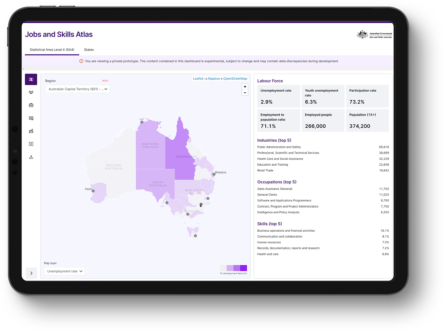 A picture of a tablet with a screenshot of the jobs and skills atlas app