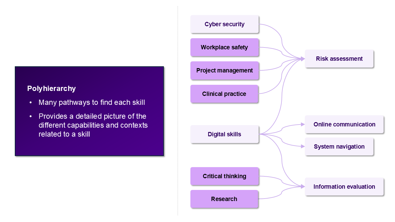 Example diagram showing how skills are organised into a polyhierarchy. Each skill can be connected to many broader groups.