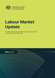 Report cover with lime green at the top and dark green on the lower end and has the title Labour Market Update on the top part.