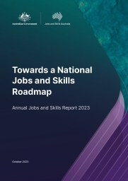 Green report cover with purple and the words Jobs and Skills Australia annual report