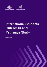 Purple cover with text - International Students Outcomes and Pathways Study - August 2025