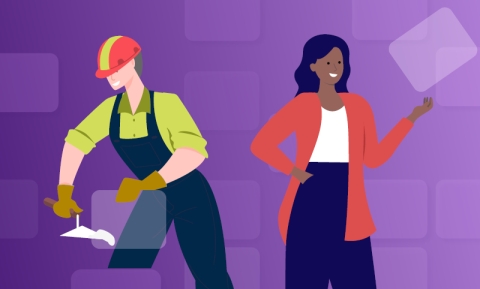Illustrated workers on a purple background