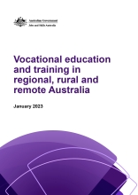 The text Vocational education and training in regional, rural and remote Australia on a white background with some purple gradients