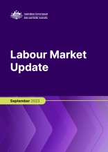 Purple report cover with the words Labour Market update in white text and September 2023 in lime green.